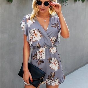 Floral print romper gray boho orange v neck ruffle